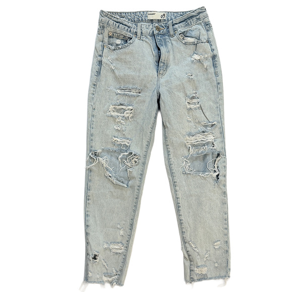 Garage Denim - Light Wash High-Waisted Destroyed Mom Jeans in Blue
